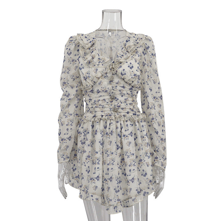 Women Flower Printed Waist-controlled Dress