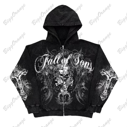 Gothic Skull Bone Print Oversized Hoodie