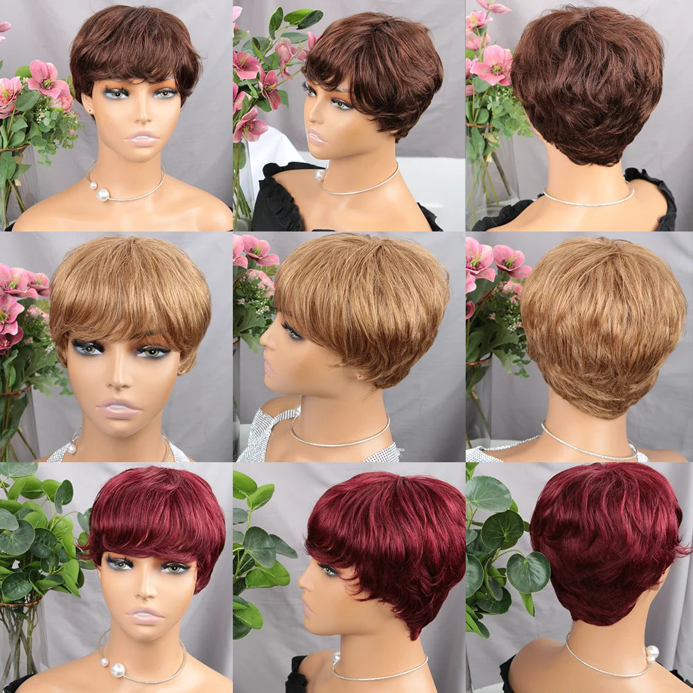 Brown Short Pixie Cut Wig Human Hair